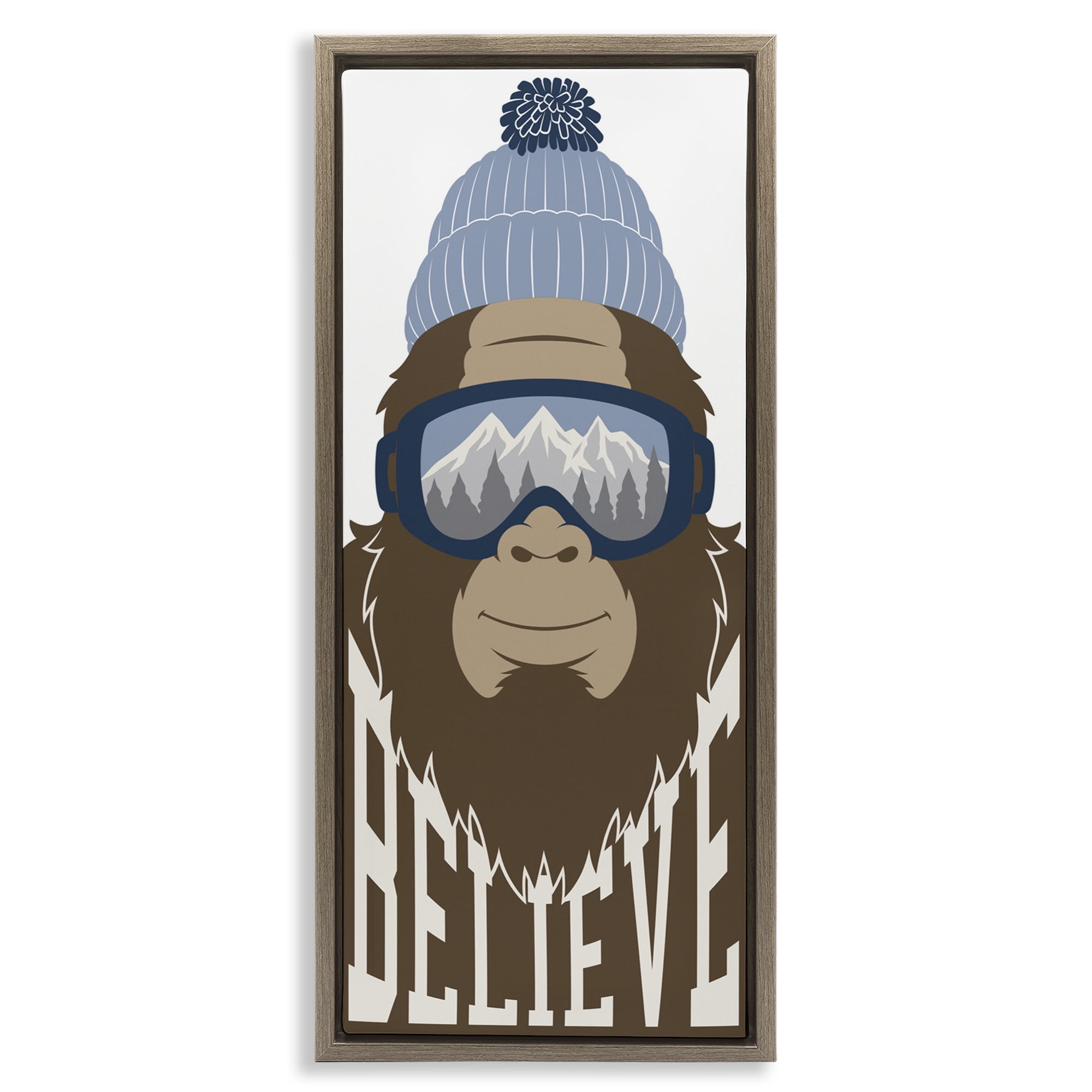 Believe Winter Bigfoot Brown Framed Floater Canvas Wall Art, design by Marcus Prime