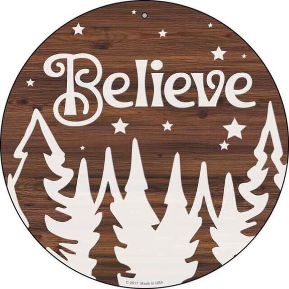 Believe Winter Silhouette Circular Metal Sign for Home Garage Wall & Gift Size: 12 x 12 inch