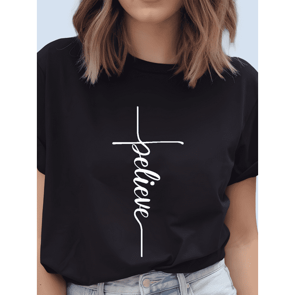 Believe Women's Short Sleeve Graphic T-Shirt 1 Pcs Tee 100% Heavy Cotton - Comfortable Crew Neck, Soft Tees Casual Tops