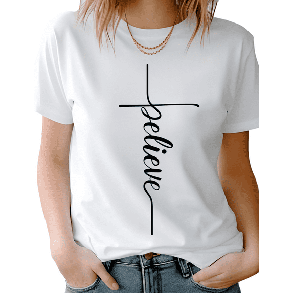 Believe Women's Short Sleeve Graphic T-Shirt 1 Pcs Tee 100% Heavy Cotton - Comfortable Crew Neck, Soft Tees Casual Tops