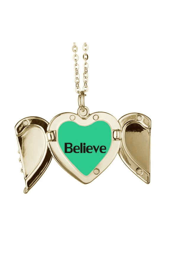 Believe Word Inspirational Quote Sayings Folded Wings Peach Heart Pendant Necklace