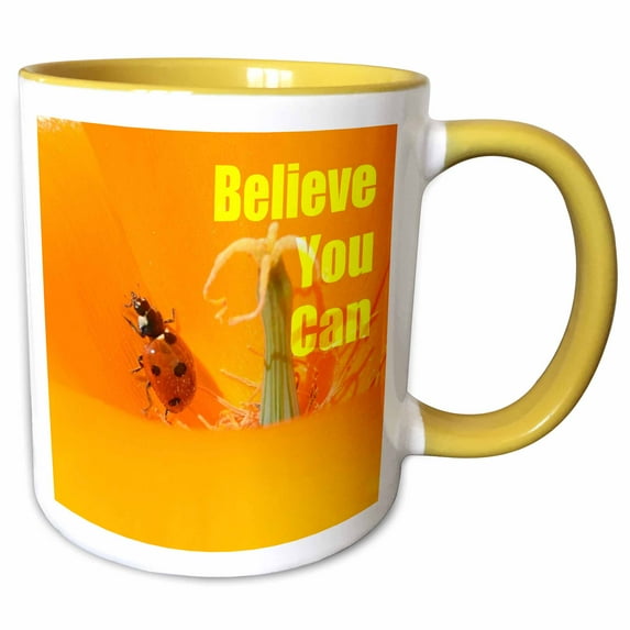 3drose, Believe You Can Ladybug and Poppy- Inspirational- Photography, 15oz Two-tone Yellow Mug