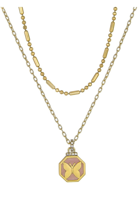 14KT Gold Flash Plated Double Necklace Set with Genuine Stone Adult