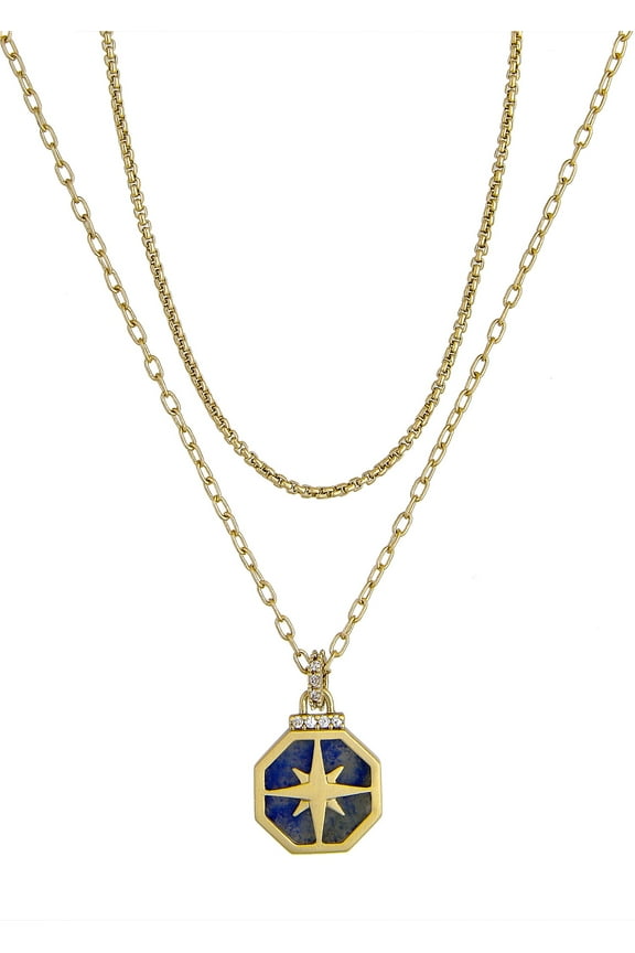 14KT Gold Flash Plated Double Necklace Set with Genuine Stone Adult