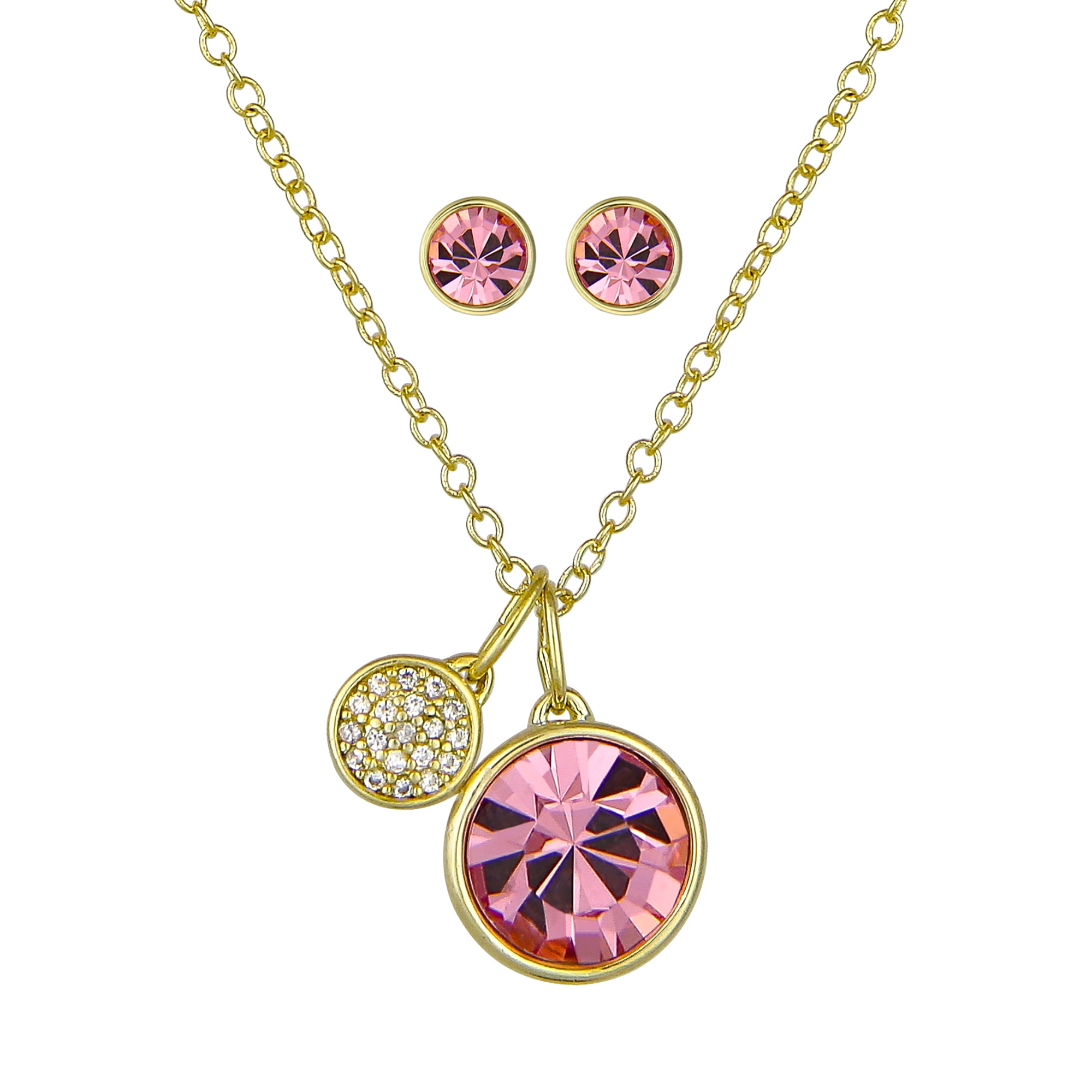 Believe by Brilliance 14KT Gold Flash Plated Earring and Necklace Set Featuring Pink Crystals Adult