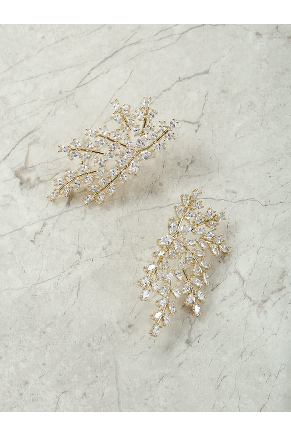 14Kt Gold Flash Plated Leaf/Vine Motif CZ Stone Earrings, 1 Pair