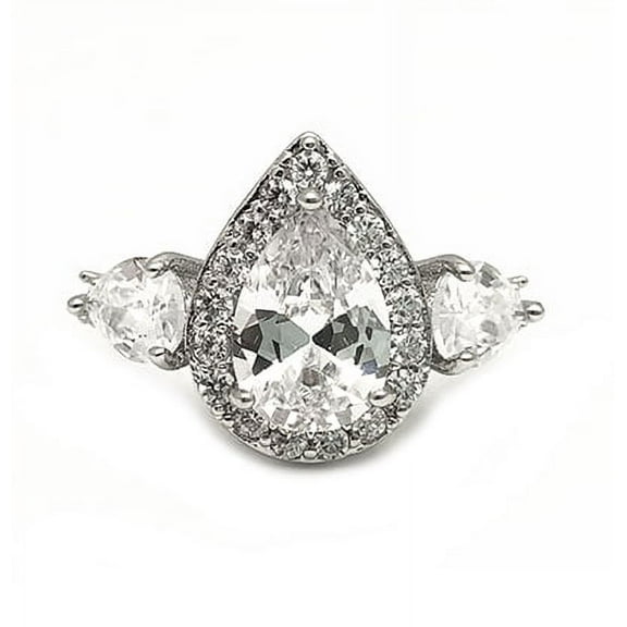 Believe by Brilliance 3 Stone Pear Cubic Zirconia Engagement Ring, Fine Silver Plate, Size 8