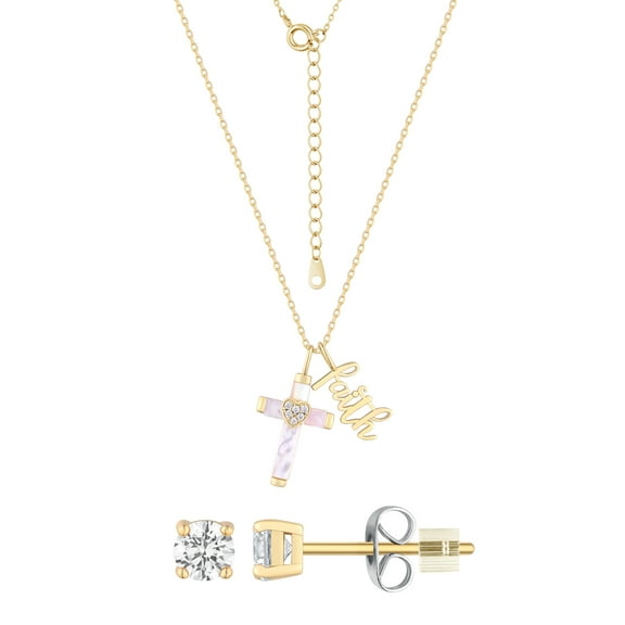 Believe by Brilliance Adult Mother of Pearl and Cubic Zirconia Cross Necklace Set in 14KT Gold Flash Plated