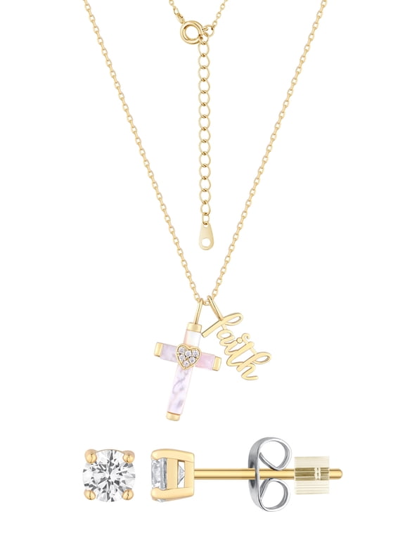 Adult Mother of Pearl and Cubic Zirconia Cross Necklace Set in 14KT Gold Flash Plated