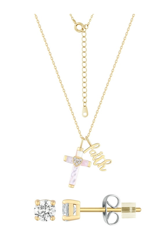 Adult Mother of Pearl and Cubic Zirconia Cross Necklace Set in 14KT Gold Flash Plated