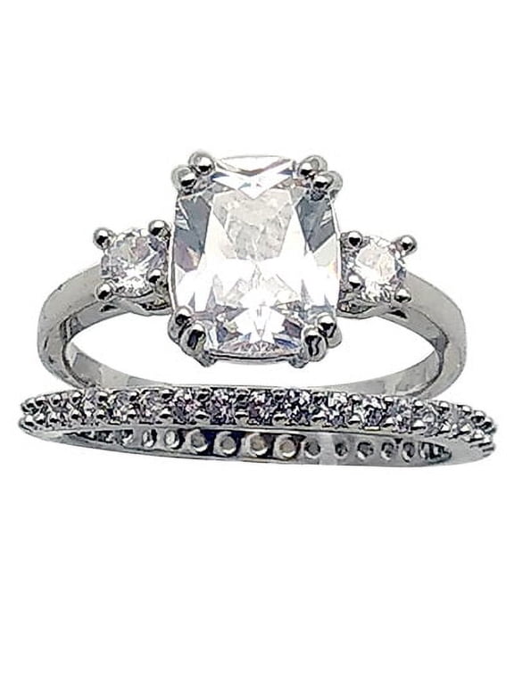 Fine Silver Plate 3 Stone Bridal Set with Cubic Zirconia Stones