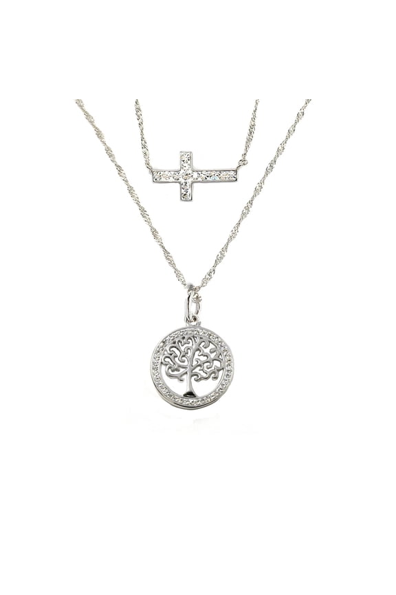 Fine Silver Plated Crystal Cross and Tree of Life Necklace Set