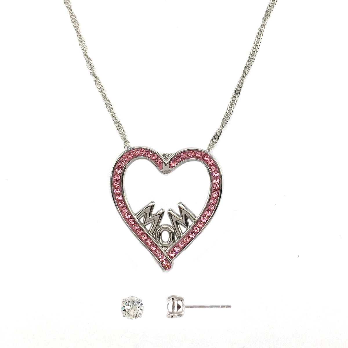 Believe by Brilliance Fine Silver Plated Crystal Stud Ear and Mom Heart Pendant Set