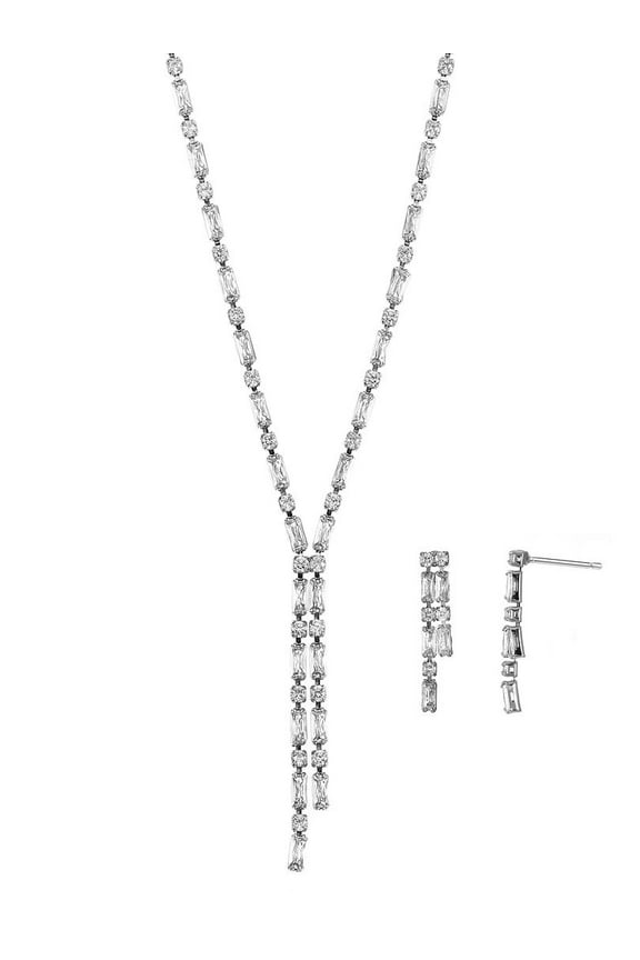 Fine Silver Plated Cubic Zirconia "Y" Necklace and Earring Set, Adult, Female