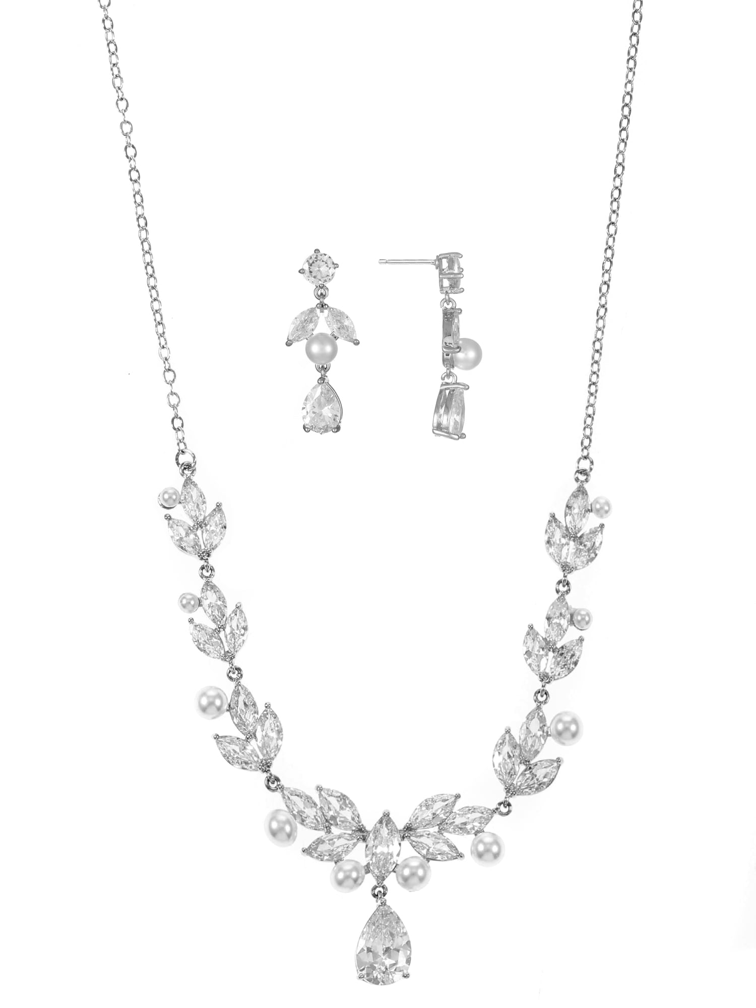 Believe by Brilliance Fine Silver Plated Earring and Necklace Set with Genuine CZ, Leaf Motif, 1 Piece/1 Pair