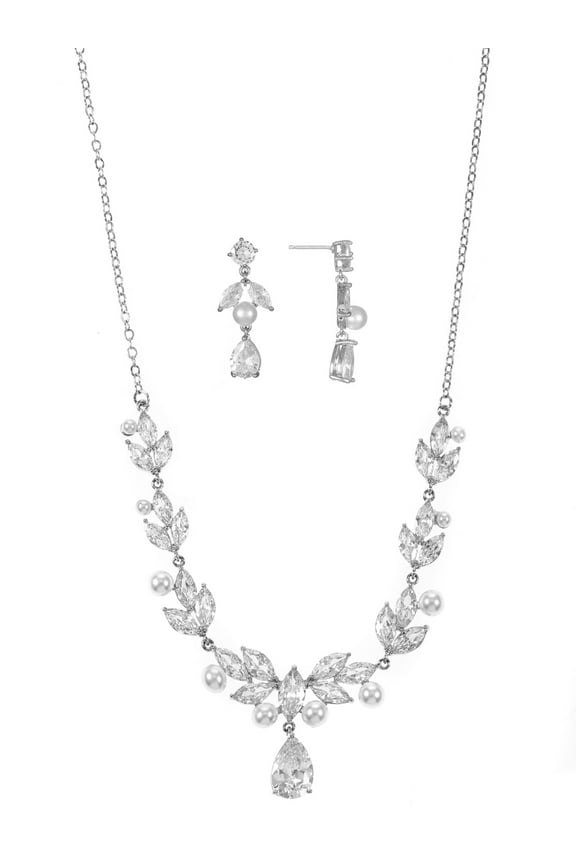 Fine Silver Plated Earring and Necklace Set with Genuine CZ, Leaf Motif, 1 Piece/1 Pair