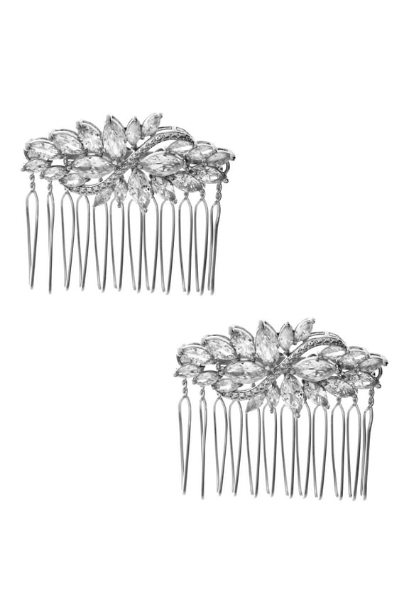 Fine Silver Plated Marquise Cubic Zirconia Hair Comb Set, 2 Pieces