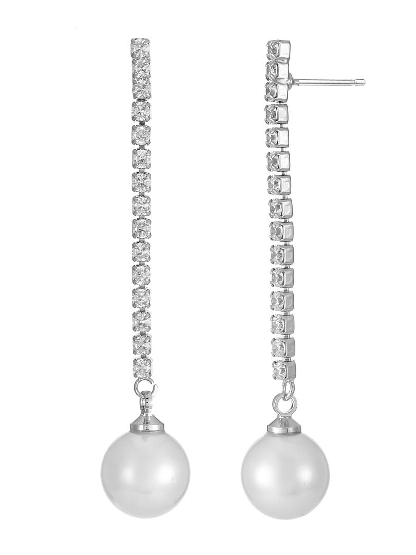 Believe by Brilliance Fine Silver Plated Simulated Pearl and Cubic Zirconia Linear Drop Earrings, Adult, Female