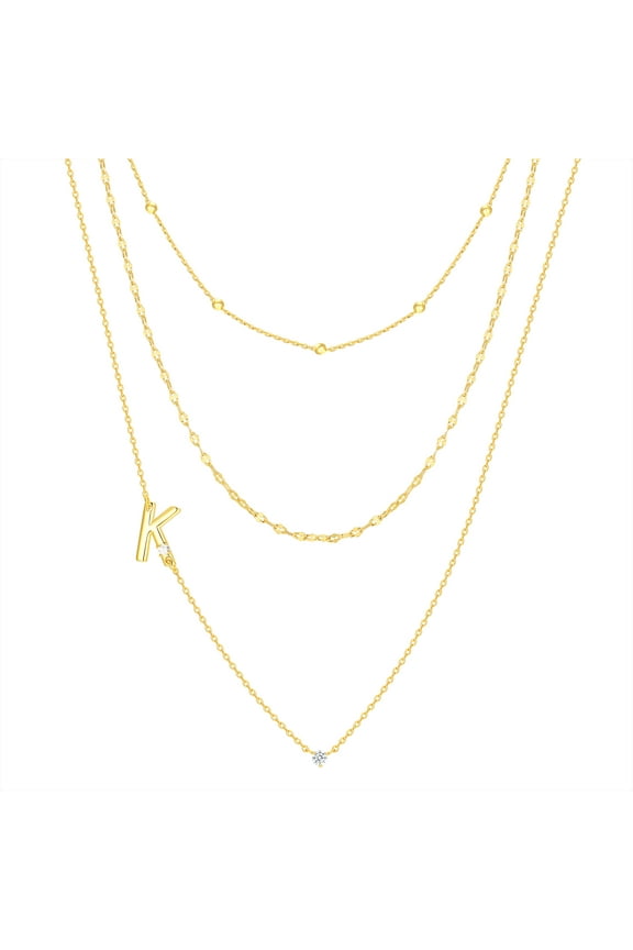 K Triple Chain Initial Necklace Set in 14KT Gold Flash Plated Brass