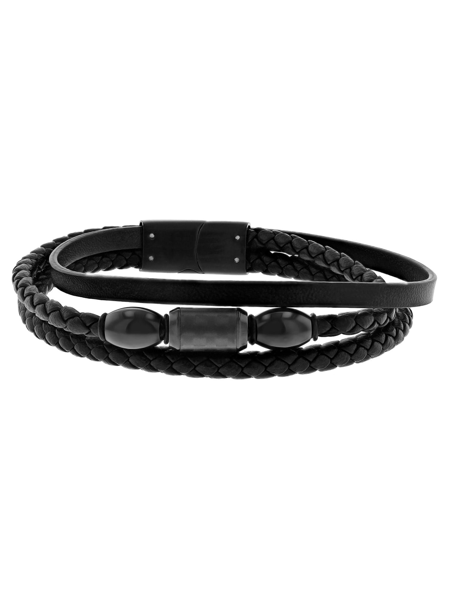 Believe by Brilliance Men's Black Stainless Steel & Faux Leather Three  Strand Bracelet 