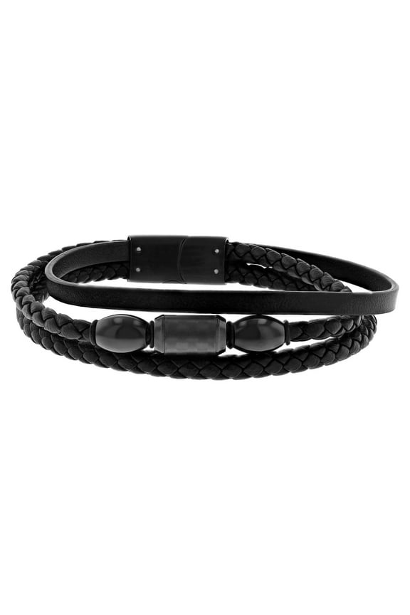 Mens Black Stainless Steel & Faux Leather Three Strand Bracelet