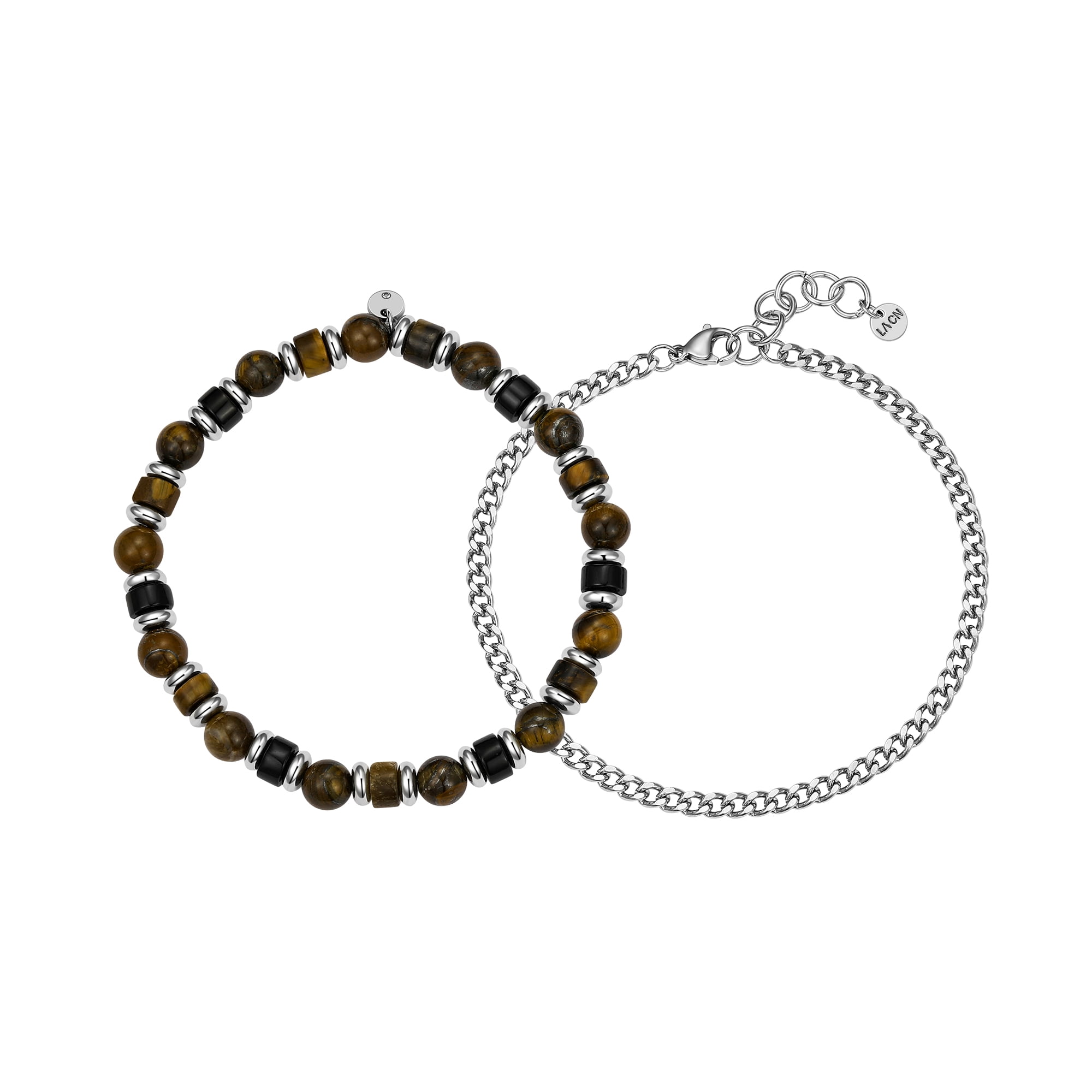 BELIEVE BY BRILLIANCE Men's Curb Chain and Tiger's Eye Onyx Stretch Bracelet Set, 8+1"