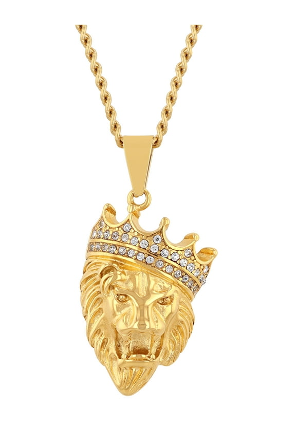 Men's Gold-Tone Stainless Steel Crystal Crown Lion's Head Pendant 24" Necklace
