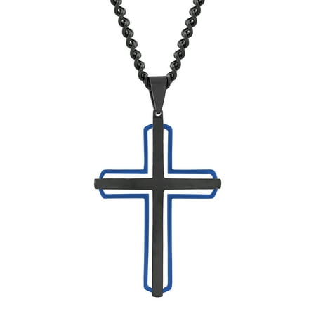 Believe by Brilliance Men's Stainless Steel Black & Blue Stacked Cross Pendant Necklace