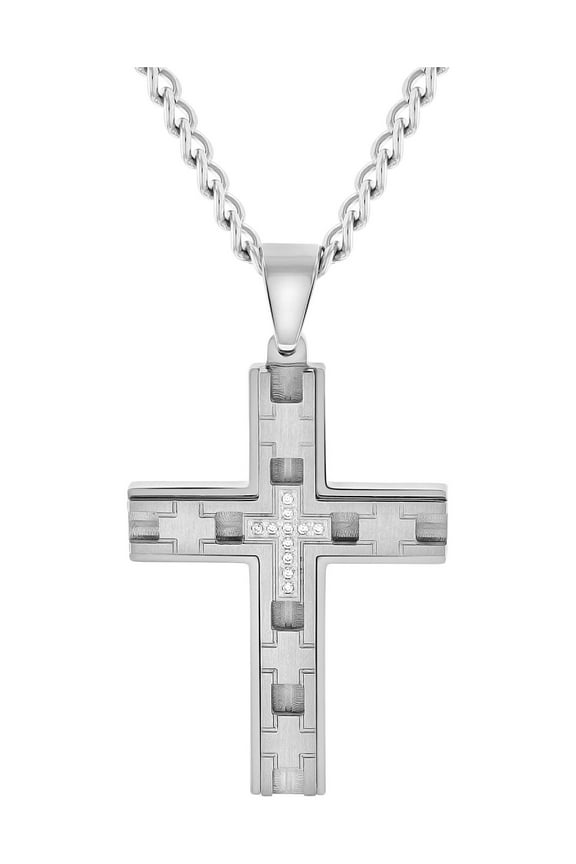 Mens Stainless Steel Cubic Zirconia Cross Pendant Necklace Chain