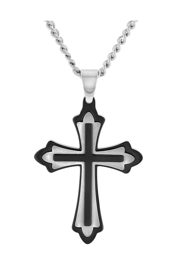 Mens Stainless Steel Fleur De Lis Two Tone Cross Pendant Necklace Chain