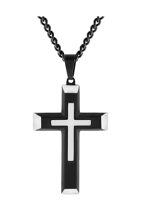 Mens Stainless Steel Two Tone Stacked Cross Pendant Necklace Chain