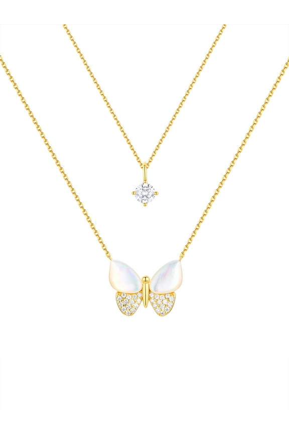 Mother of Pearl & Cubic Zirconia Butterfly Necklaces in 14KT Gold Flash Plated