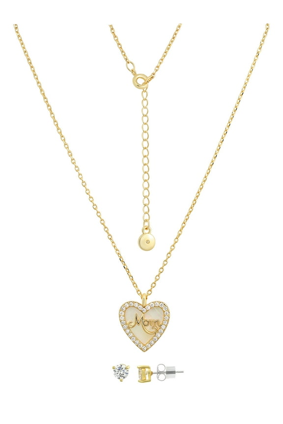 Mother of Pearl & Cubic Zirconia Heart Necklace Set in 14KT Gold Flash Plated