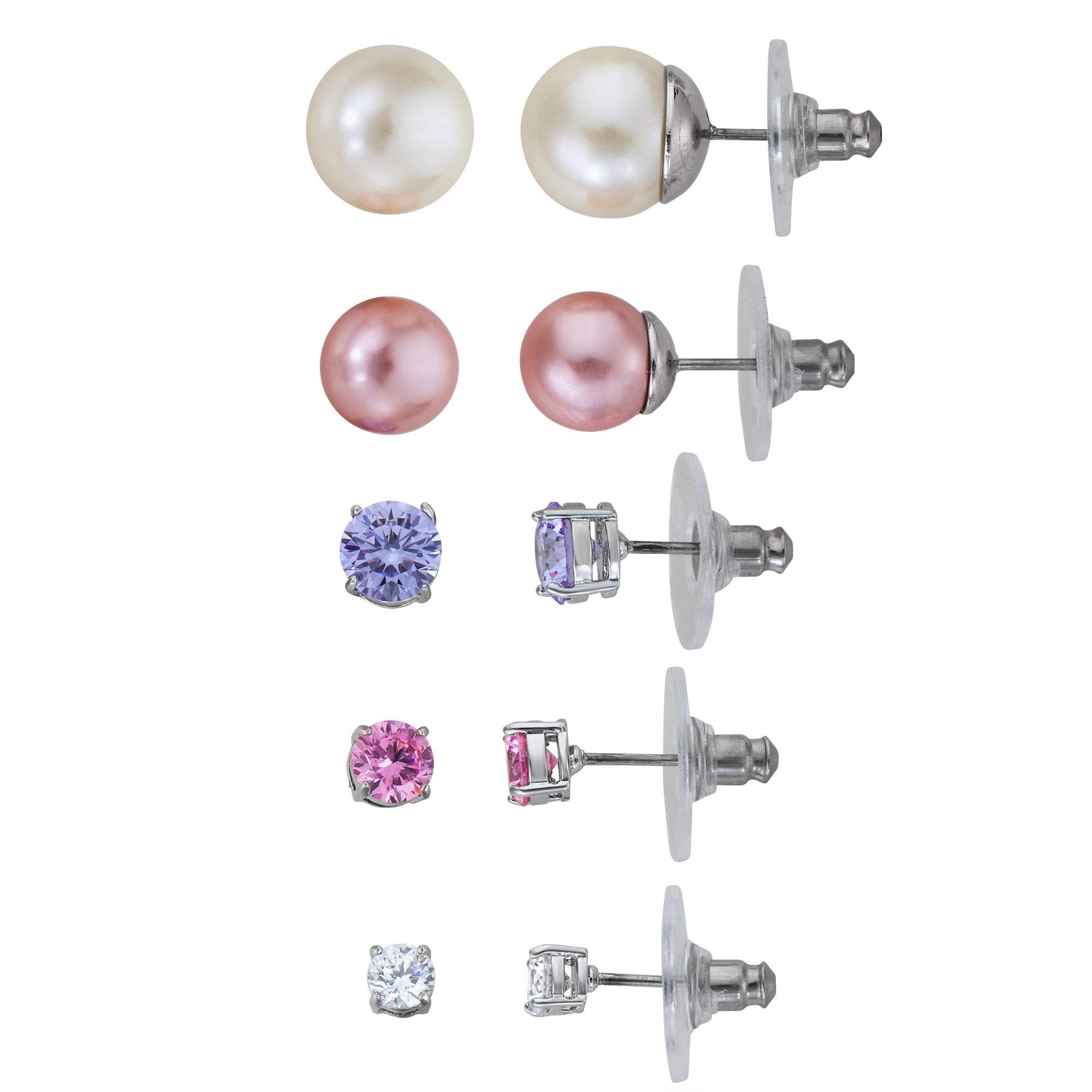 Believe by Brilliance Round Simulated Pearl & Cubic Zirconia Stud Earring Set in Fine Silver Plate