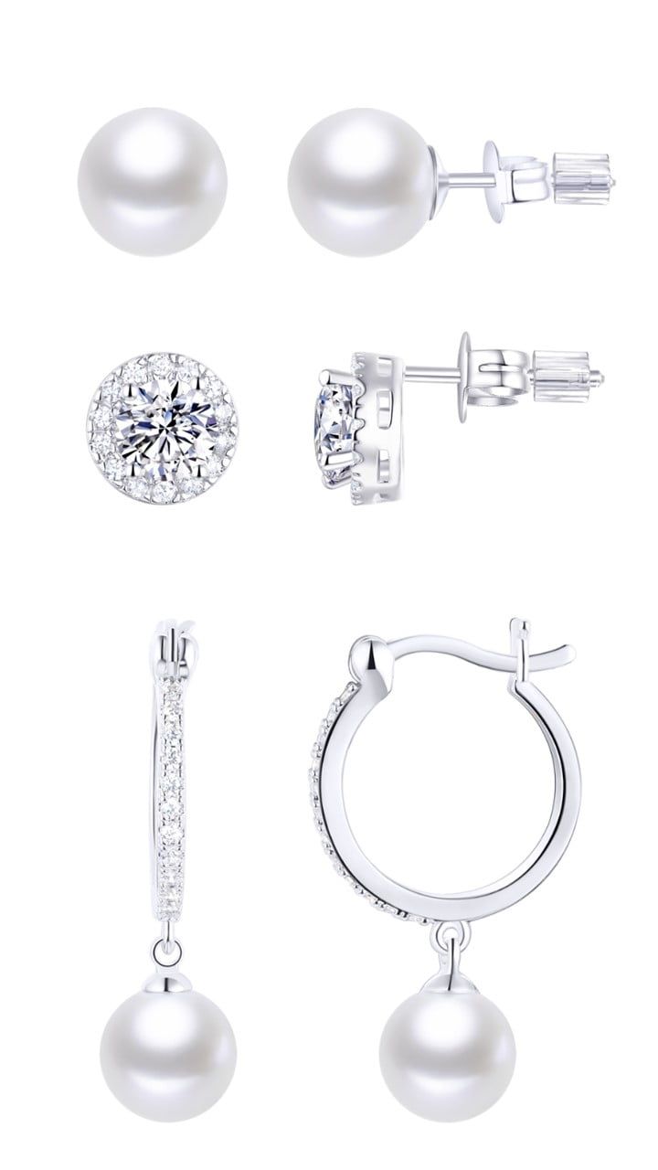 Believe by Brilliance Simulated Pearl and Cubic Zirconia Earring Trio in Fine Silver Plated Brass