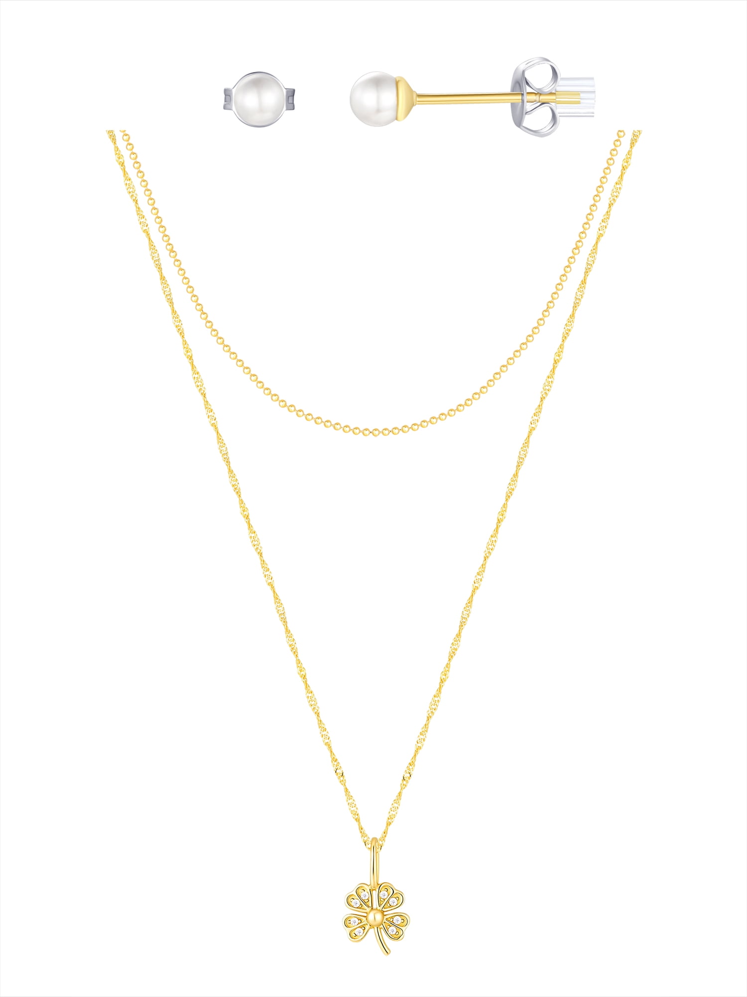 Believe by Brilliance Simultaed Pearl & Cubic Zirconia Clover Necklace Set in 14KT Gold Flash Plated