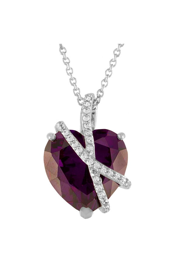 Sterling Silver Plated Simulated Amethyst & CZ Heart Pendant