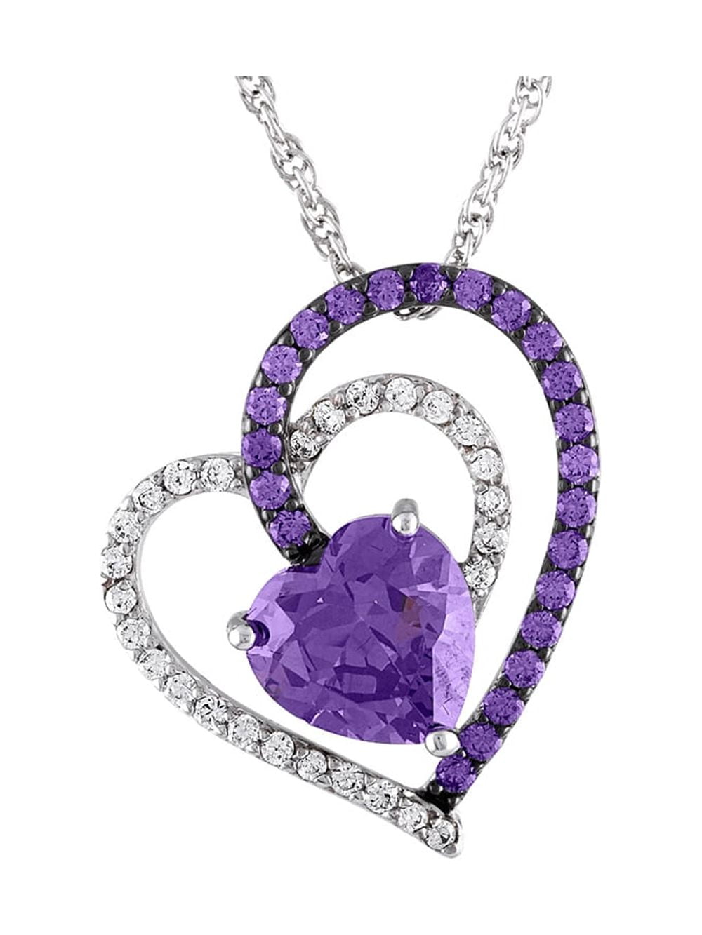 925 Sterling Silver Heart Love Band Ring - Simulated Amethyst & CZ, Sizes 3-12