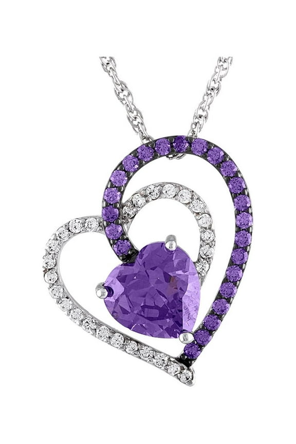 Sterling Silver Plated Simulated Amethyst & CZ Heart Pendant