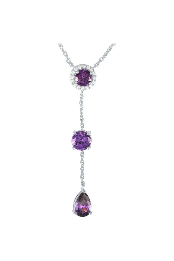 Sterling Silver Plated Simulated Amethyst and CZ Drop Pendant Necklace