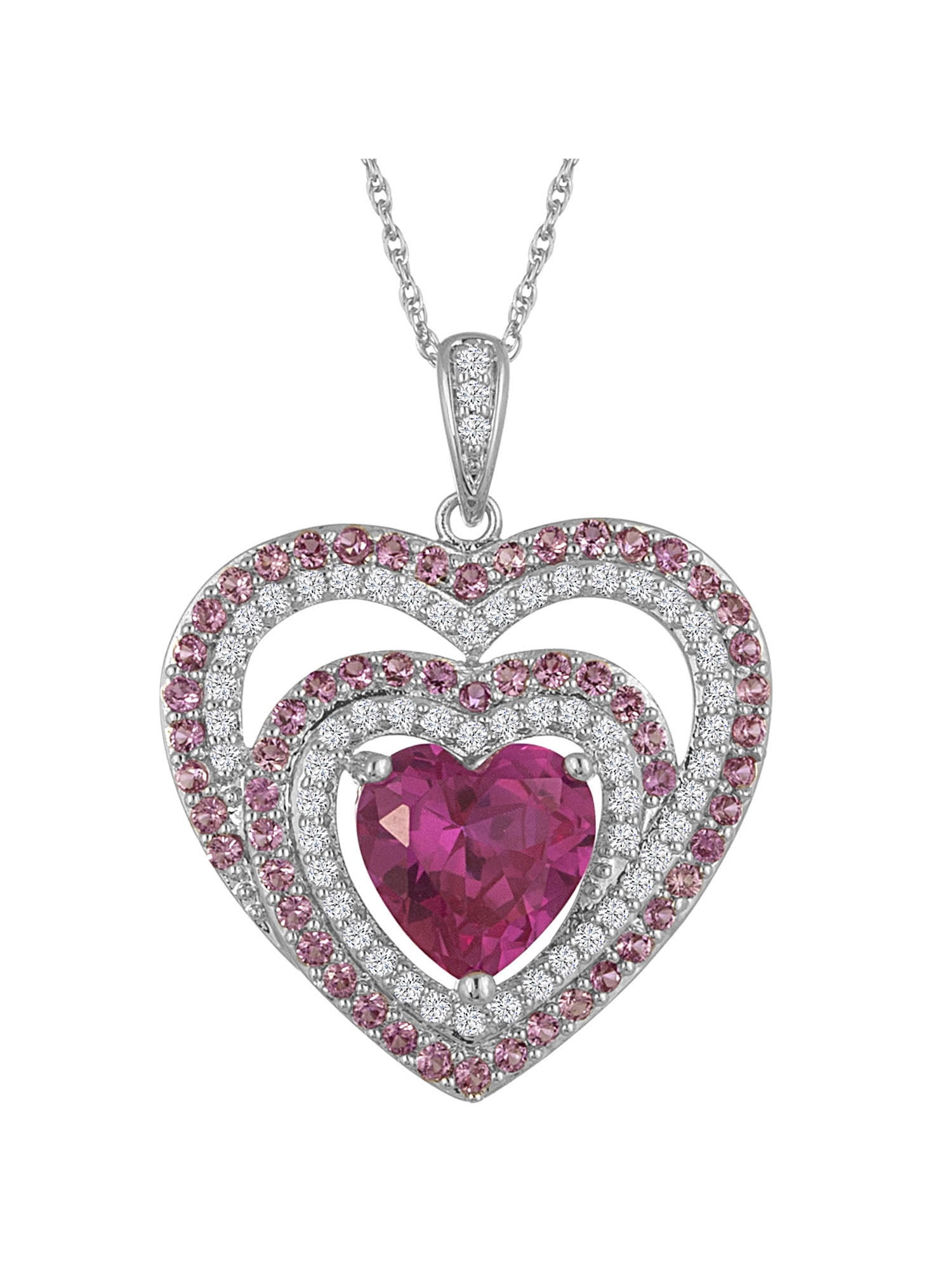 Believe by Brilliance Sterling Silver Plated Simulated Pink Sapphire with CZ Accents Heart Pendant, 18