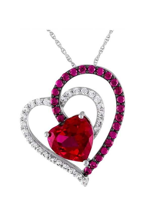 Sterling Silver Plated Simulated Ruby & CZ Heart Pendant