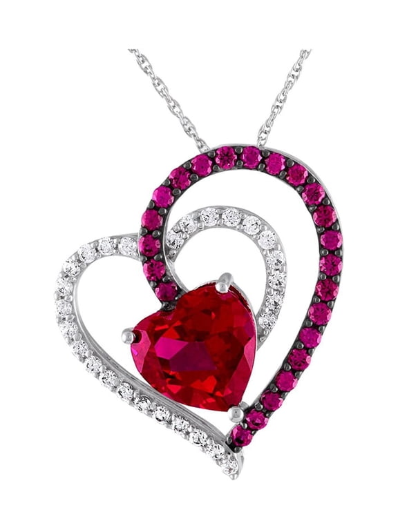 Sterling Silver Plated Simulated Ruby & CZ Heart Pendant