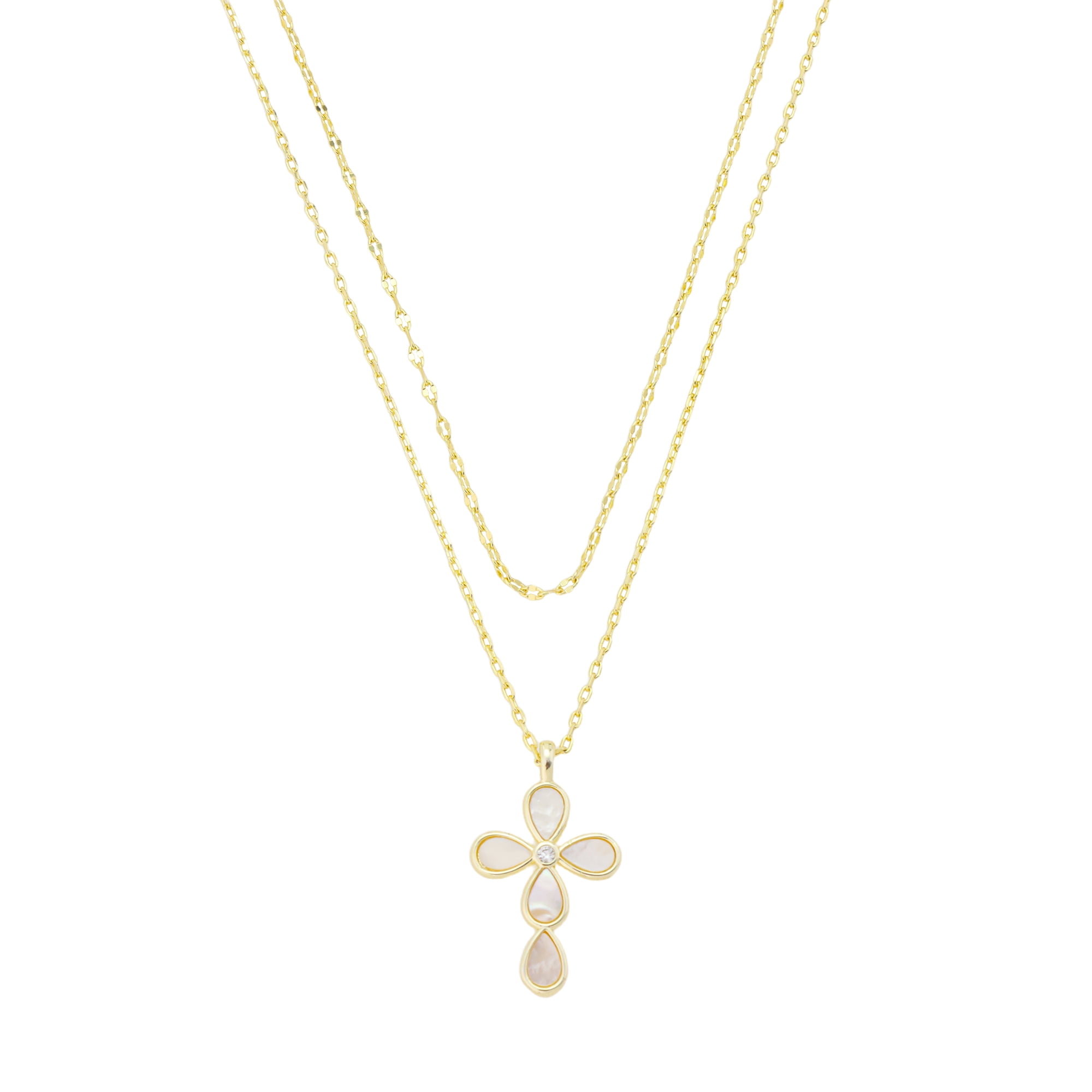 Believe by Brilliance Women's 14Kt Gold Flash Mother of Pearl Cross Pendant Layered Necklace Set