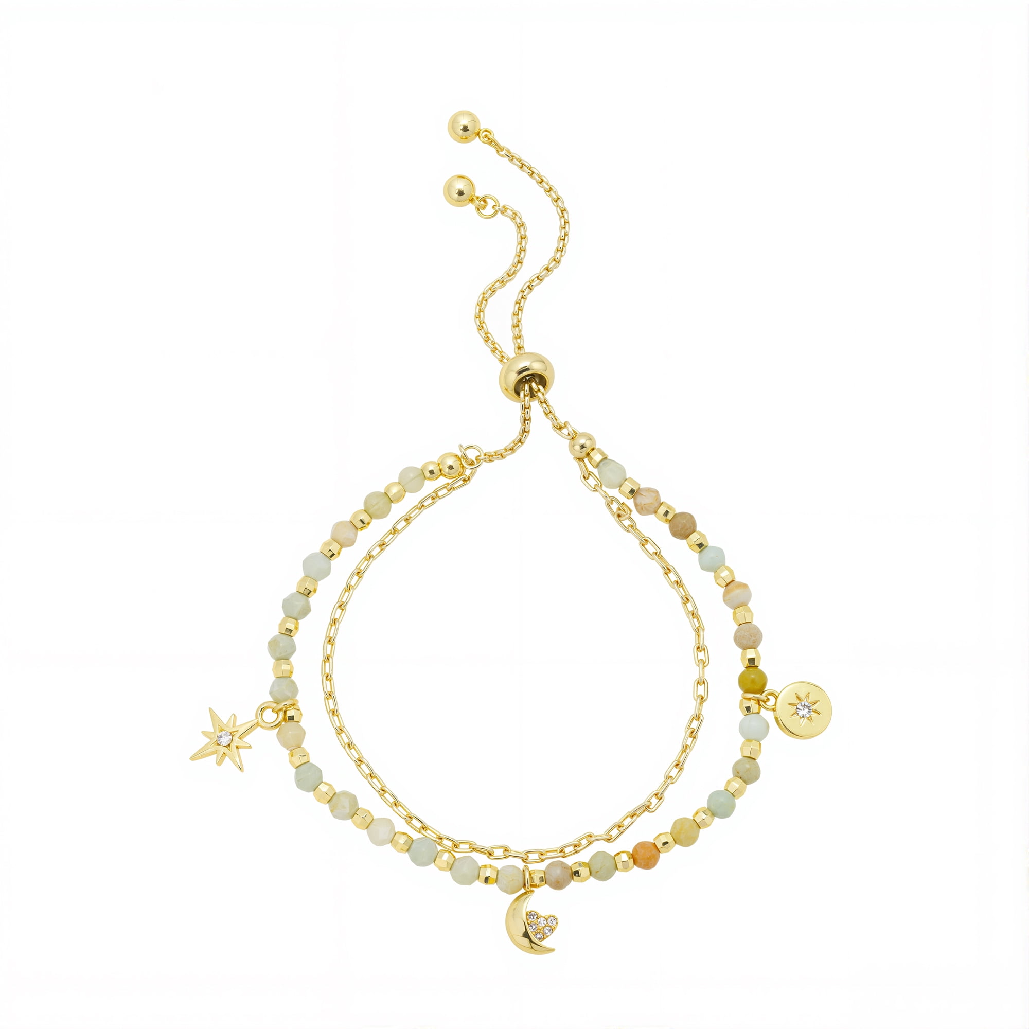 Women's 14Kt Gold Flash Plated Amazonite Beaded Charm Adjustable Bolo Bracelet