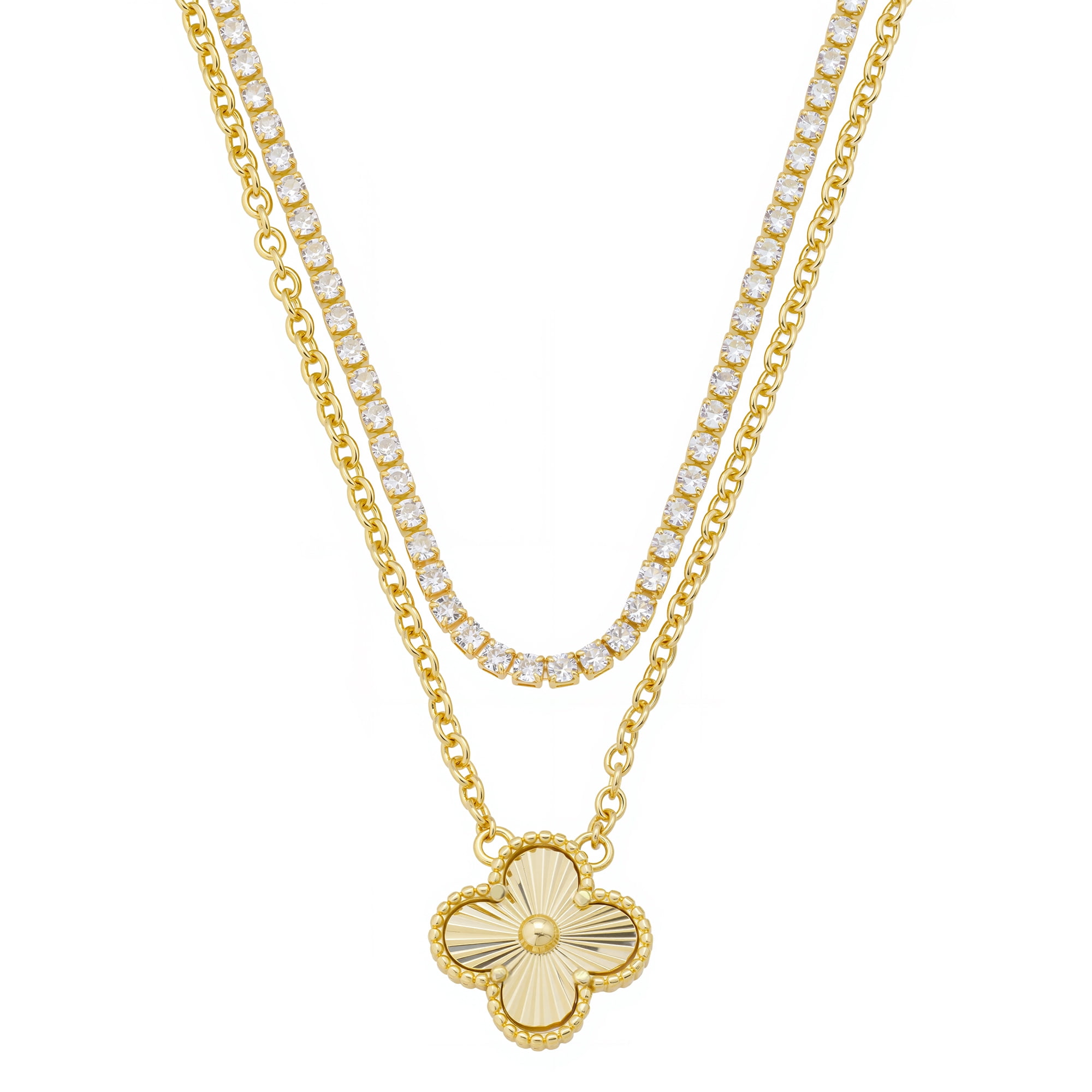 BELIEVE BY BRILLIANCE Women's 14Kt Gold Flash Plated Clover Pendant and Cubic Zirconia Tennis Chain Layered Necklace Set, 16+2"/18+2"