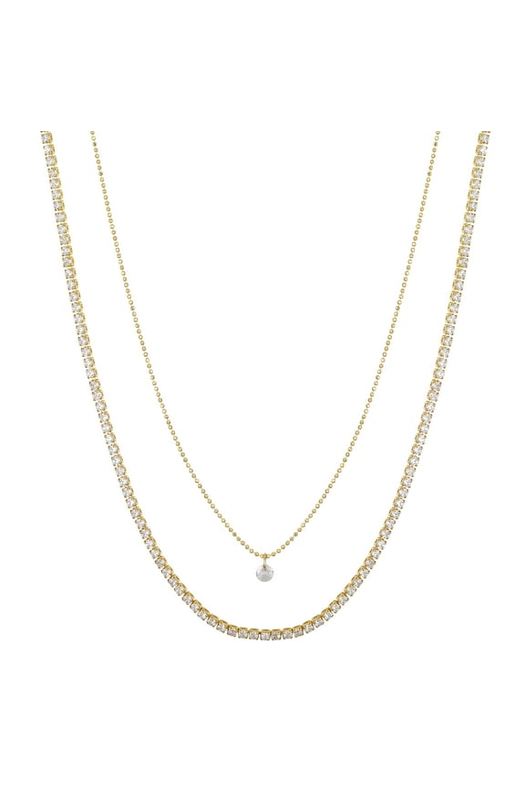 Women's 14Kt Gold Flash Plated Cubic Zirconia Beaded Chain and Tennis Necklace, 16/18+2" Extender