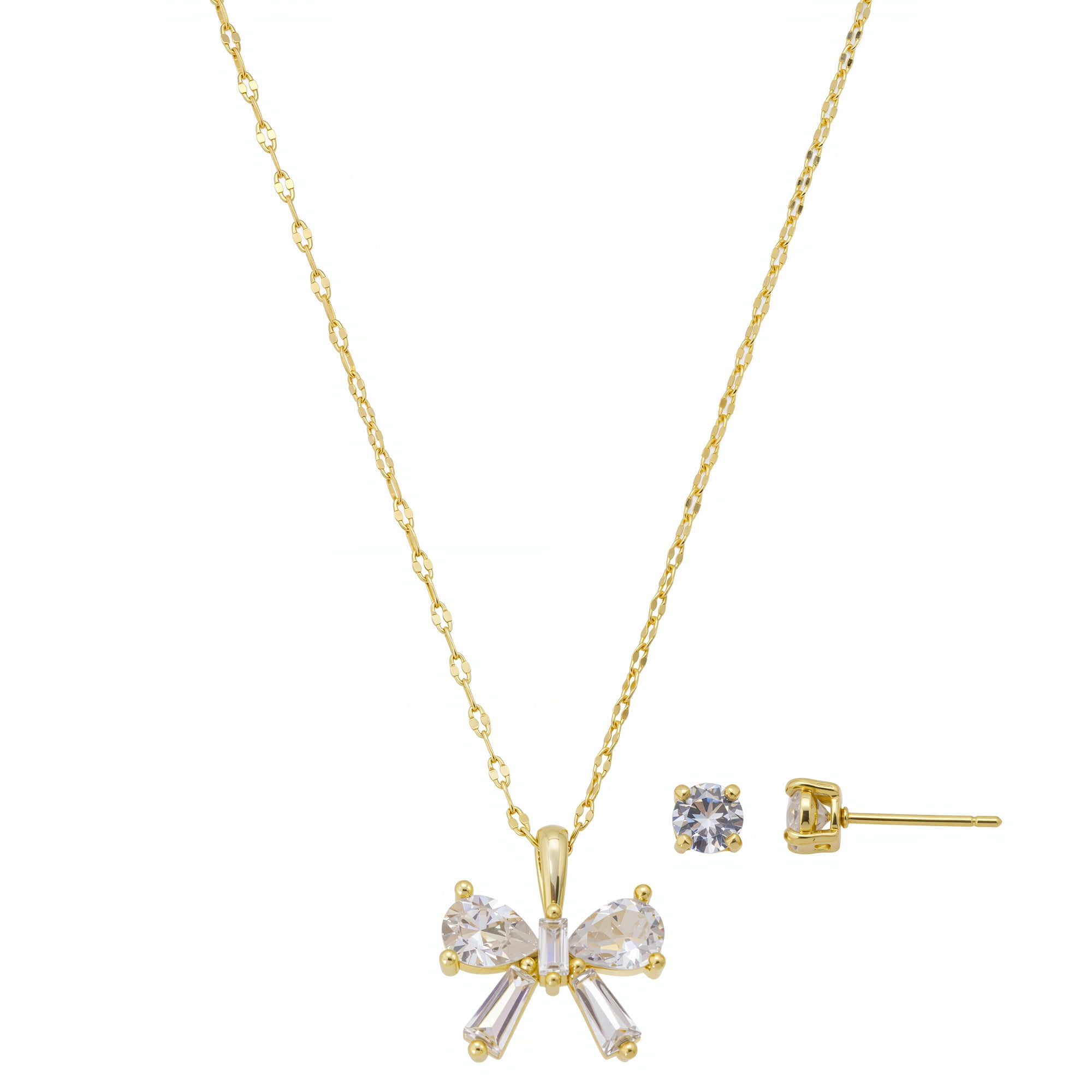 BELIEVE BY BRILLIANCE Women's 14Kt Gold Flash Plated Cubic Zirconia Bow Pendant Necklace and Stud Earring Set, 18+2"