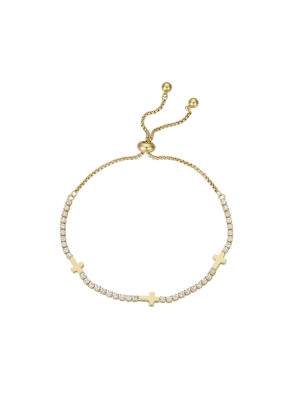 Women's 14Kt Gold Flash Plated Cubic Zirconia Cross Adjustable Bolo Bracelet