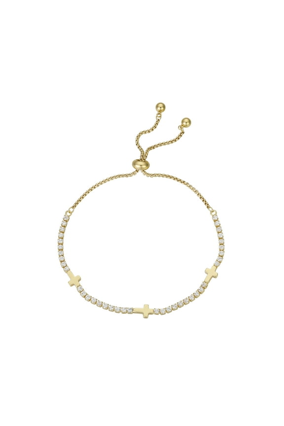 Women's 14Kt Gold Flash Plated Cubic Zirconia Cross Adjustable Bolo Bracelet